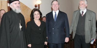 From left to right: His Grace Bishop of Canada Georgije, HRH Crown Princess Katherine, HRH Crown Prince Alexander II and Mr. Slobodan Rakitic, famous Serbian author before beginning of the literature evening on the occasion of delivering the “Vuk” award to the magazine of the Serbian Orthodox Church Eparchy of Canada “Istocnik” in Ilija M. Kolarac Foundation in Belgrade