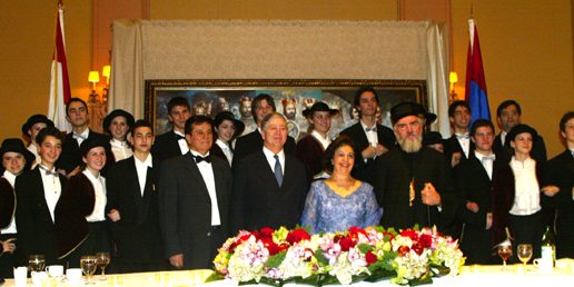 THR Crown Prince Alexander II, Crown Princess Katherine, His Grace Georgije, Bishop of Canada, guests of honour and Serbian children on St. Sava Bal in Royal York Hotel, Toronto